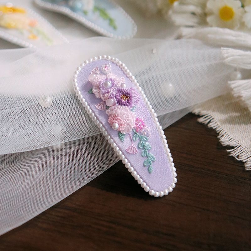 Clamă de păr handmade cu floare din țesătură – Kit DIY de broderie, stil Nordic, poliester, model peisaj