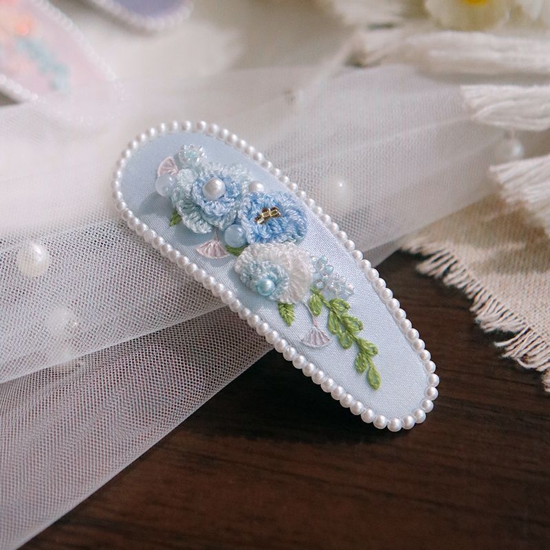 Clamă de păr handmade cu floare din țesătură – Kit DIY de broderie, stil Nordic, poliester, model peisaj