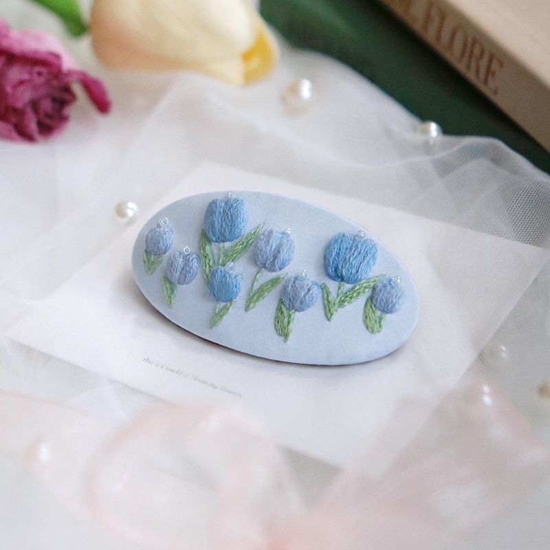 Clamă de păr handmade cu floare din țesătură – Kit DIY de broderie, stil Nordic, poliester, model peisaj