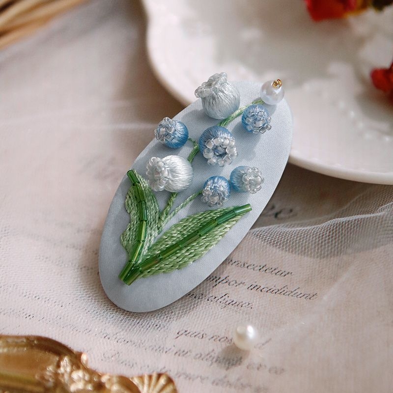 Clamă de păr handmade cu floare din țesătură – Kit DIY de broderie, stil Nordic, poliester, model peisaj