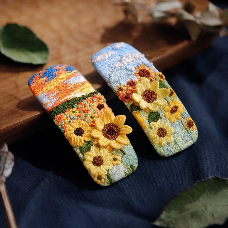 Clamă de păr handmade cu floare din țesătură – Kit DIY de broderie, stil Nordic, poliester, model peisaj