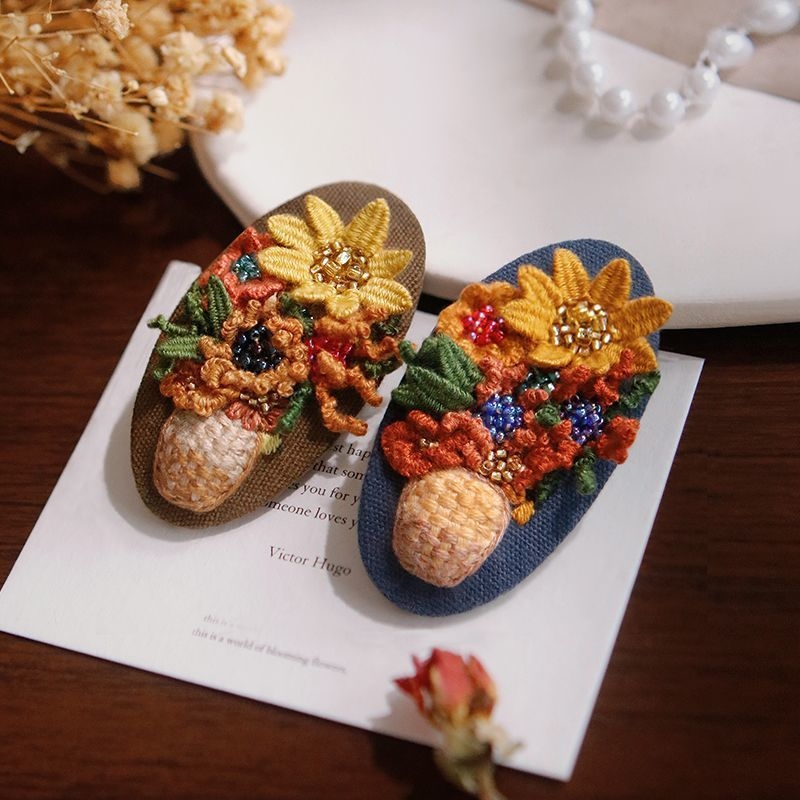 Clamă de păr handmade cu floare din țesătură – Kit DIY de broderie, stil Nordic, poliester, model peisaj