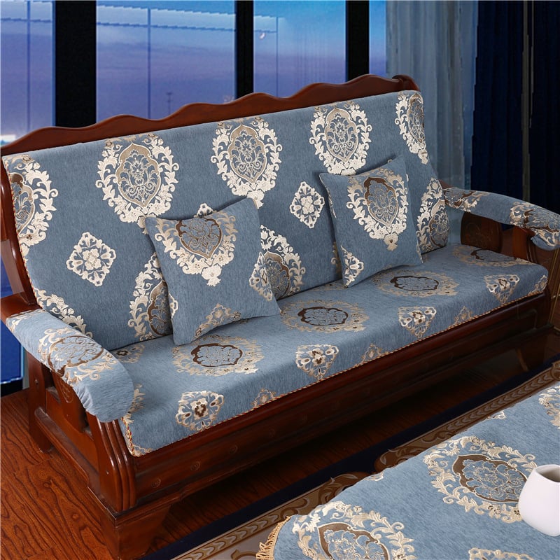 Medinė sofa pagalvė su nugaros atrama — vienos dalies komplektas su gėlių raštu; suderinama su kombinuota sofa; užtrauktukas nėra; sofa užvalkalas