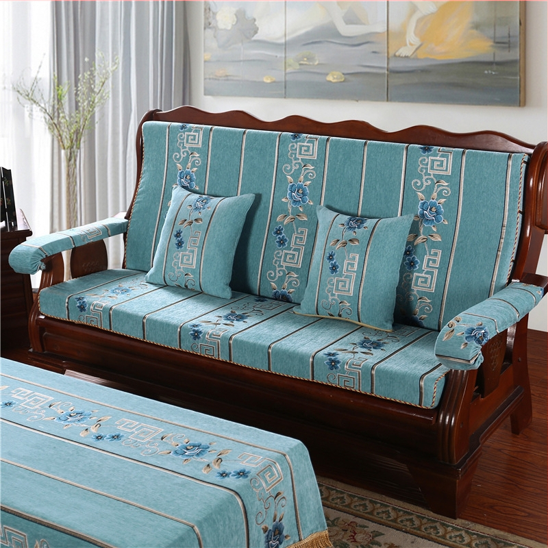 Medinė sofa pagalvė su nugaros atrama — vienos dalies komplektas su gėlių raštu; suderinama su kombinuota sofa; užtrauktukas nėra; sofa užvalkalas