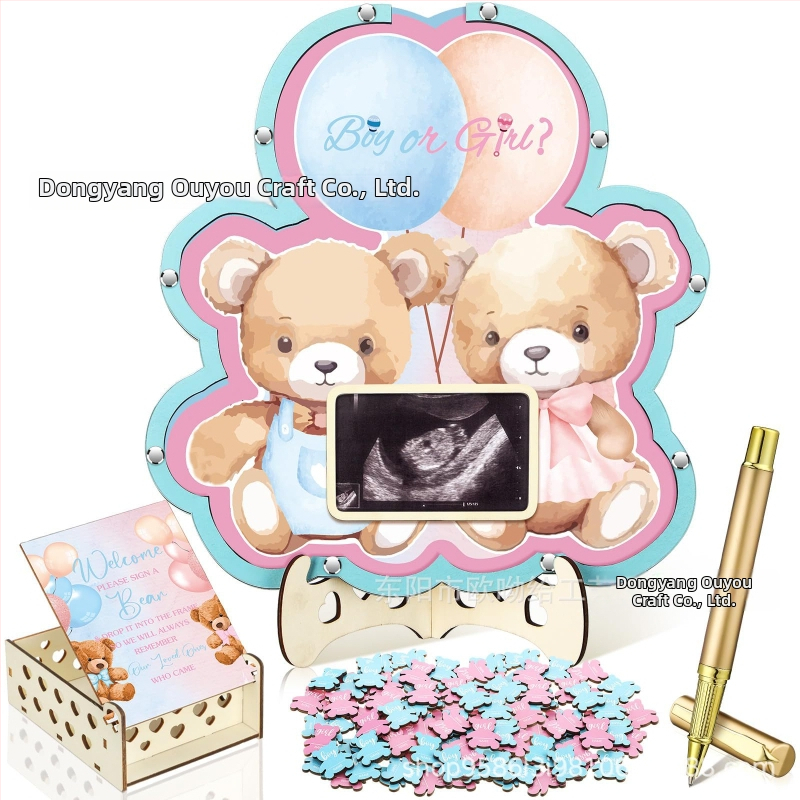 Книга за гости за парти с мечешка тема за разкриване на пола с рамка за ултразвукова снимка във форма на пеперуда – Boxwood дърво, печат