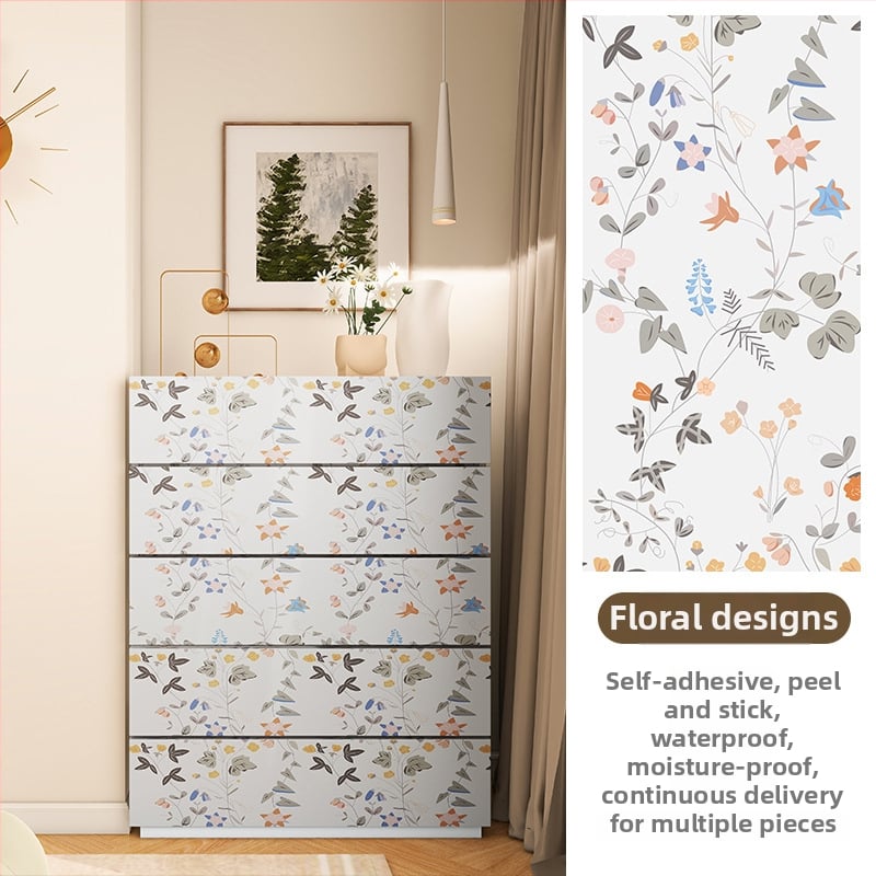 Гардеробен влагоустойчив против мухъл самозалепващ стикер с растителен мотив (PVC, 1 бр., стил френски, плосък стенен стикер; подходящ за всекидневна, спалня, кабинет, кухня и баня)