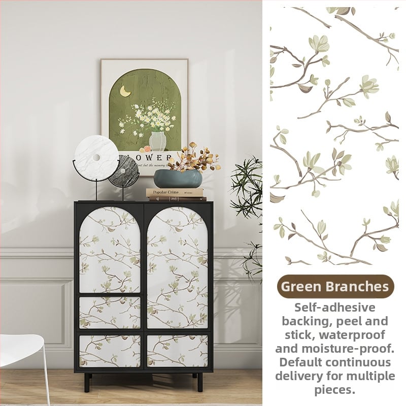Гардеробен влагоустойчив против мухъл самозалепващ стикер с растителен мотив (PVC, 1 бр., стил френски, плосък стенен стикер; подходящ за всекидневна, спалня, кабинет, кухня и баня)