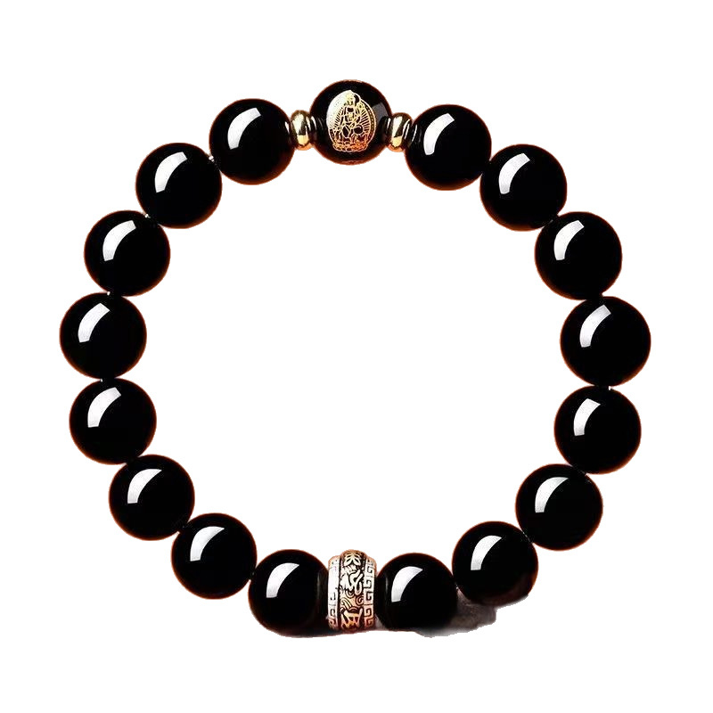 Obsidiāna rokassprādze | Dabas stila, vīrietim, apaļas pērlītes, pulēta virsma