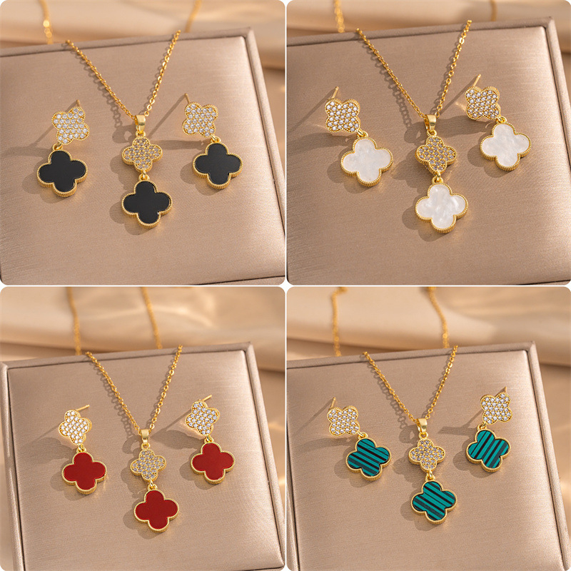 Set de bijuterii geometric: colier și cercei din oțel titan cu acoperire diamantată; lanț O; pandantiv din oțel titan; stil lux ușor.