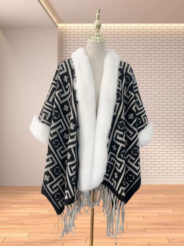 Köpeny sál műkasmírból, műszőrme gallérral, etnikus retro stílus, bojtokkal díszített kendő, téli–őszi viselet, eredet Yunnan, 2024 őszén debütált