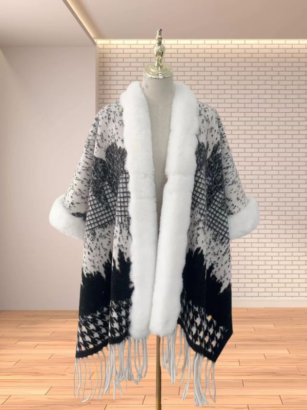 Köpeny sál műkasmírból, műszőrme gallérral, etnikus retro stílus, bojtokkal díszített kendő, téli–őszi viselet, eredet Yunnan, 2024 őszén debütált