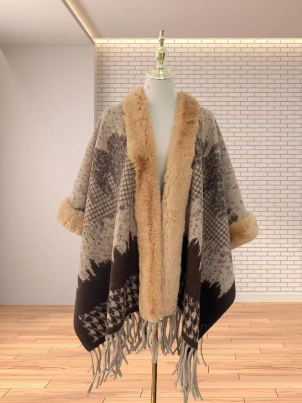 Köpeny sál műkasmírból, műszőrme gallérral, etnikus retro stílus, bojtokkal díszített kendő, téli–őszi viselet, eredet Yunnan, 2024 őszén debütált