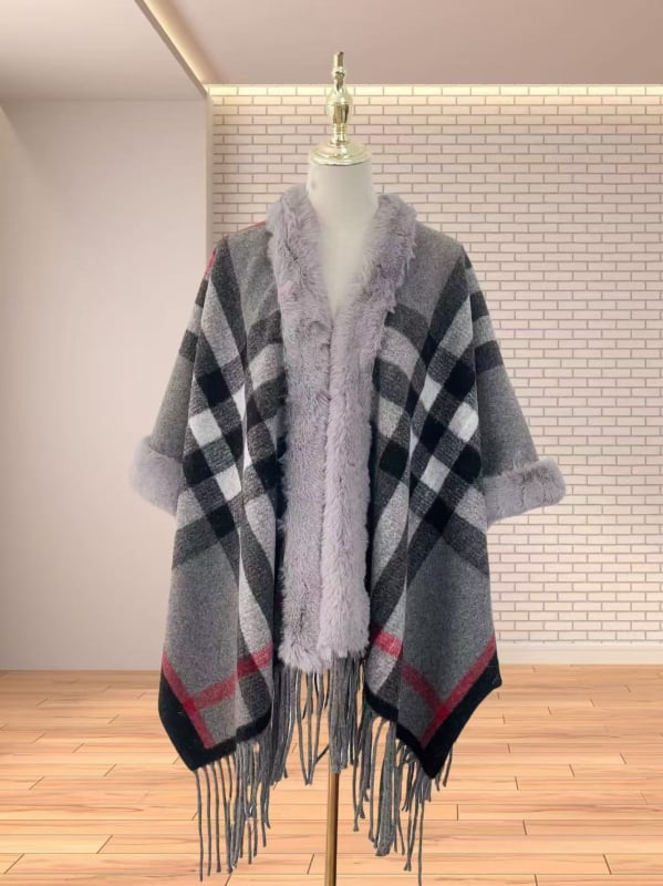 Köpeny sál műkasmírból, műszőrme gallérral, etnikus retro stílus, bojtokkal díszített kendő, téli–őszi viselet, eredet Yunnan, 2024 őszén debütált