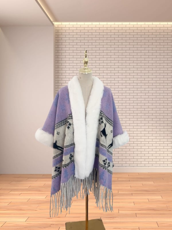 Köpeny sál műkasmírból, műszőrme gallérral, etnikus retro stílus, bojtokkal díszített kendő, téli–őszi viselet, eredet Yunnan, 2024 őszén debütált