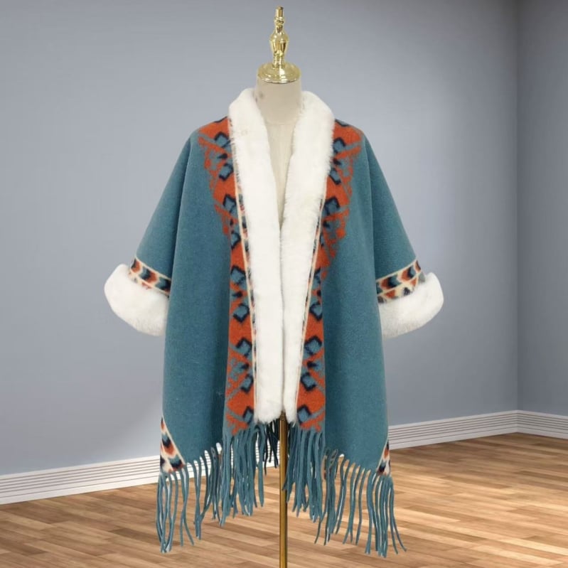 Köpeny sál műkasmírból, műszőrme gallérral, etnikus retro stílus, bojtokkal díszített kendő, téli–őszi viselet, eredet Yunnan, 2024 őszén debütált