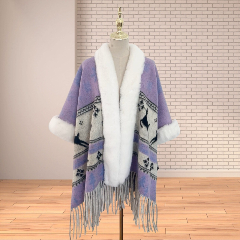 Köpeny sál műkasmírból, műszőrme gallérral, etnikus retro stílus, bojtokkal díszített kendő, téli–őszi viselet, eredet Yunnan, 2024 őszén debütált