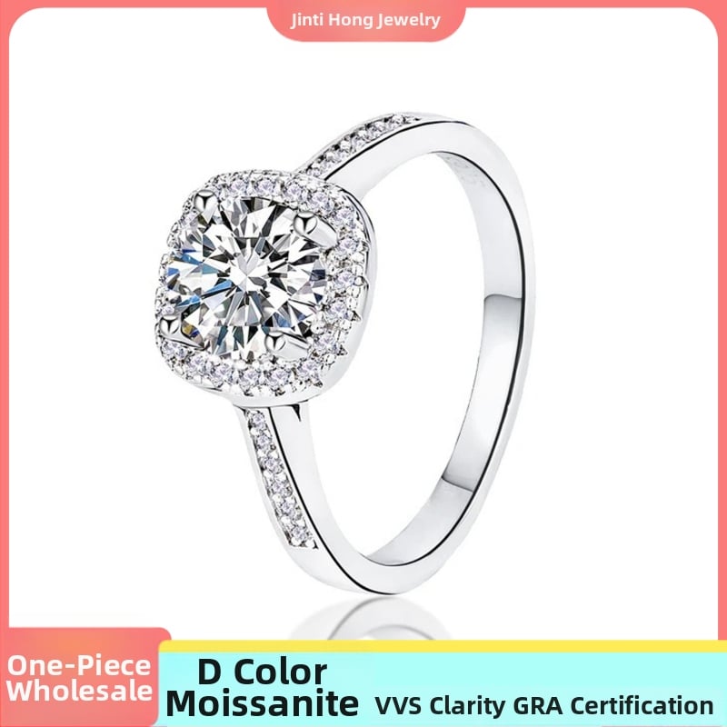 Genti Hong Moissanite žiedas, keturių kaištelių kvadratinė laikymo vieta, 925 sidabras su 18K aukso danga, 0,50–3,00 ct