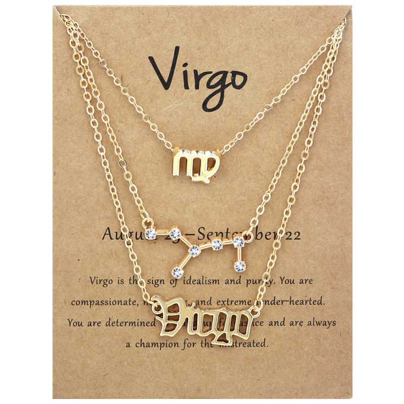 Set colier 12 zodii, simboluri litere retro, accente de diamant, aliaj, lanț șarpe, set din trei piese