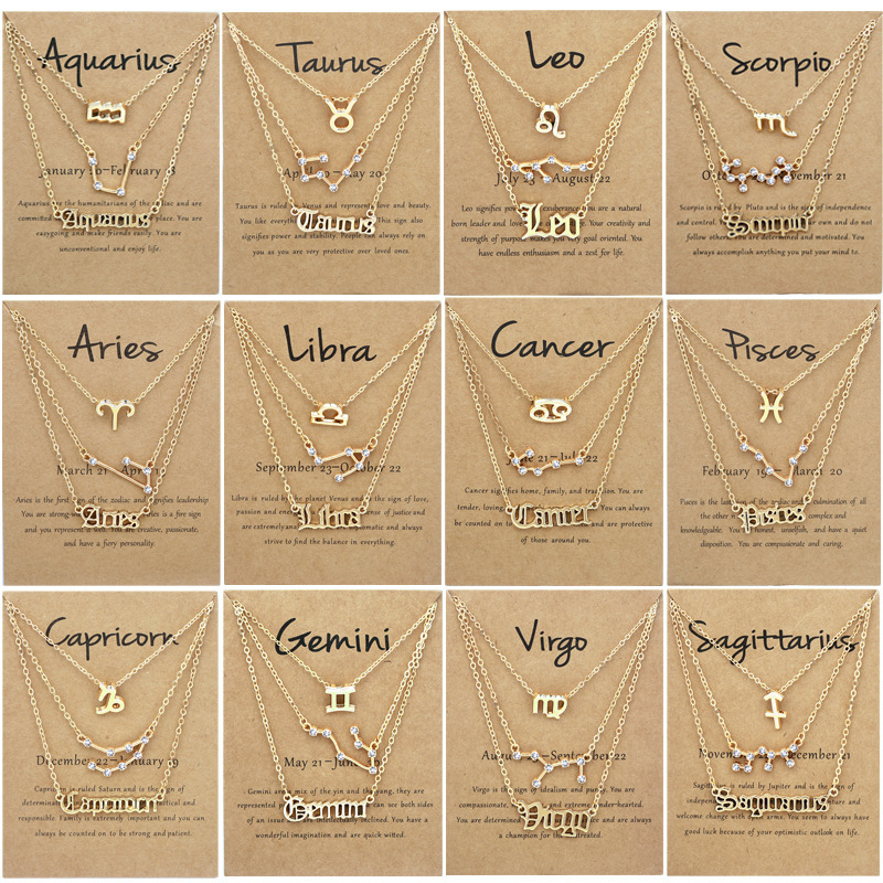 Set colier 12 zodii, simboluri litere retro, accente de diamant, aliaj, lanț șarpe, set din trei piese