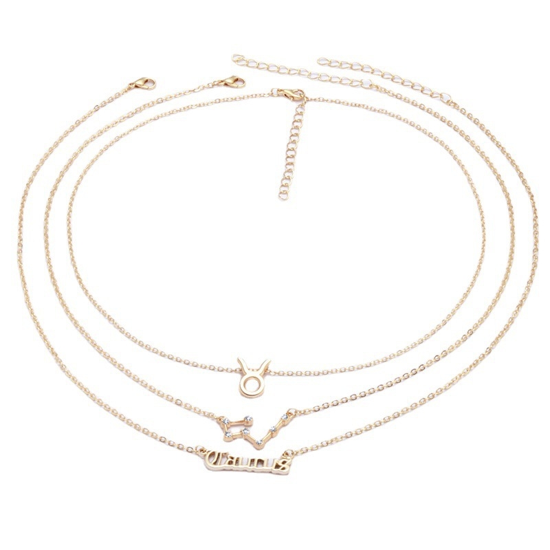 Set colier 12 zodii, simboluri litere retro, accente de diamant, aliaj, lanț șarpe, set din trei piese