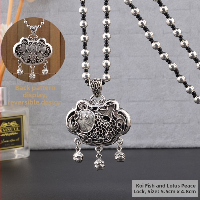 Lydinio puloverio grandinėlė, ilga karolė su kutiniu pakabuku, retro etno stilius