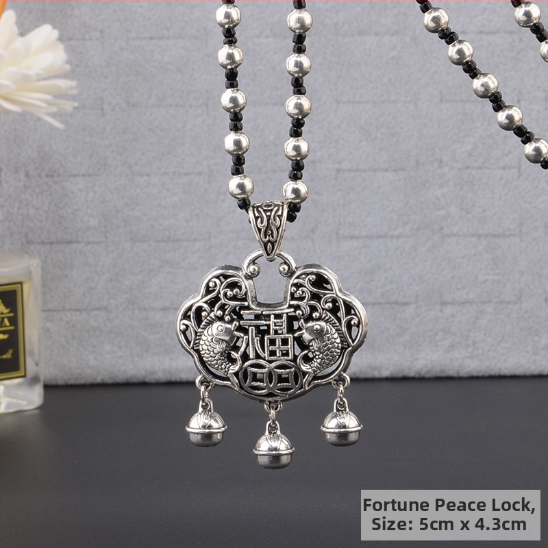 Lydinio puloverio grandinėlė, ilga karolė su kutiniu pakabuku, retro etno stilius