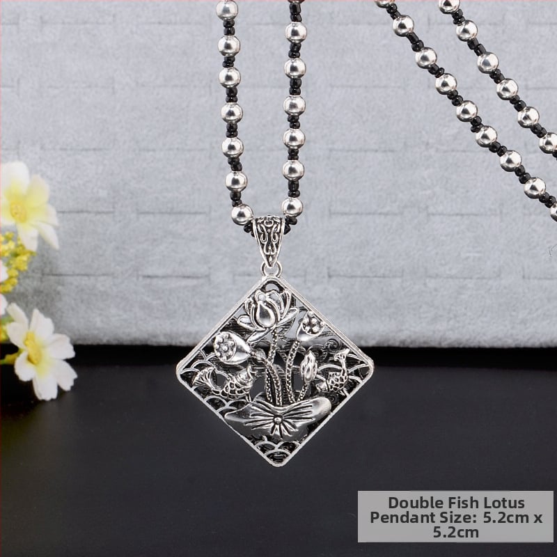 Lydinio puloverio grandinėlė, ilga karolė su kutiniu pakabuku, retro etno stilius