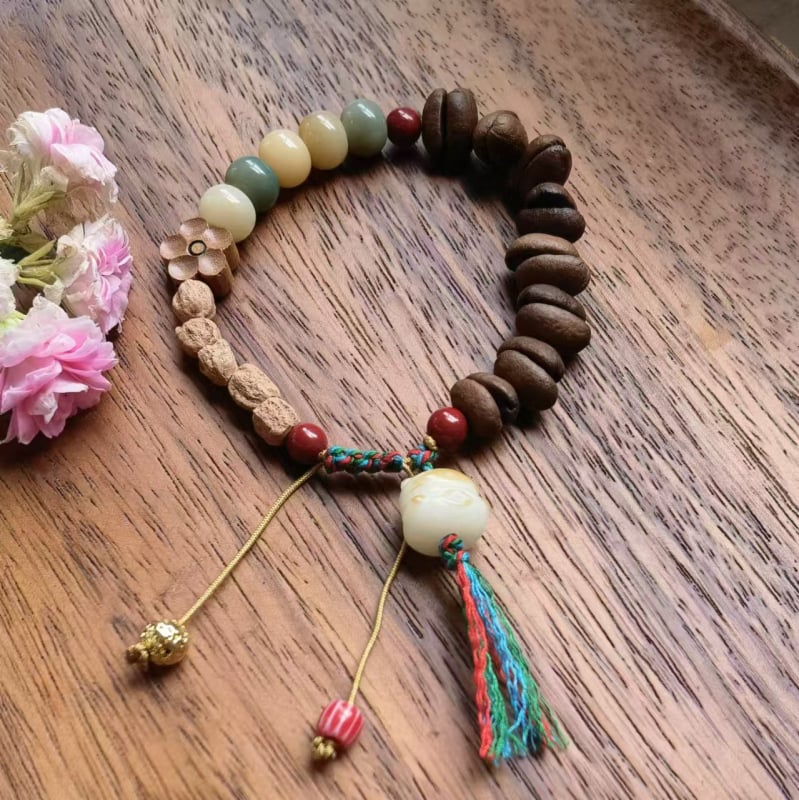Ръчно изработена гривна от стъклени мъниста с кафеено зърно, естествен стил, унисекс, пролет 2025