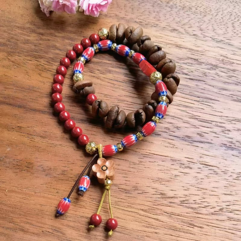 Ръчно изработена гривна от стъклени мъниста с кафеено зърно, естествен стил, унисекс, пролет 2025