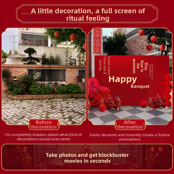 Vestuvių dekoras su KT plokštele, lauko scenai ir nuotraukų fonui, šilko gėlėmis, uodeginiais balionais ir krintančios žemės balionais