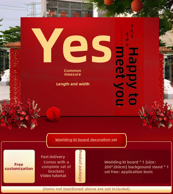 Vestuvių dekoras su KT plokštele, lauko scenai ir nuotraukų fonui, šilko gėlėmis, uodeginiais balionais ir krintančios žemės balionais