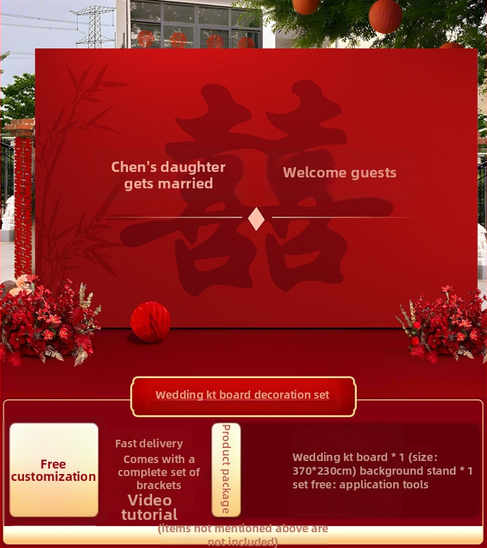 Vestuvių dekoras su KT plokštele, lauko scenai ir nuotraukų fonui, šilko gėlėmis, uodeginiais balionais ir krintančios žemės balionais