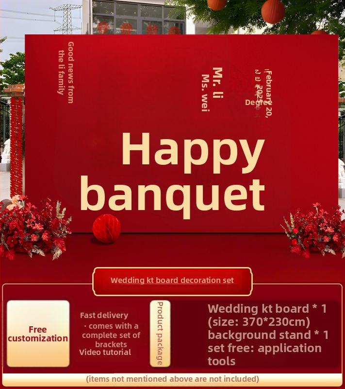 Vestuvių dekoras su KT plokštele, lauko scenai ir nuotraukų fonui, šilko gėlėmis, uodeginiais balionais ir krintančios žemės balionais