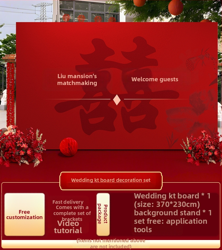 Vestuvių dekoras su KT plokštele, lauko scenai ir nuotraukų fonui, šilko gėlėmis, uodeginiais balionais ir krintančios žemės balionais