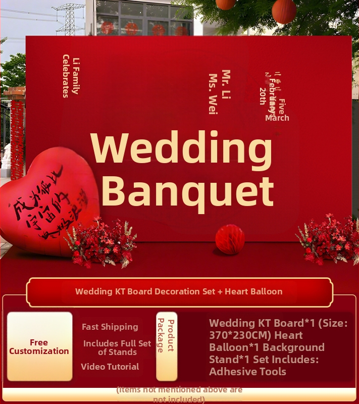 Vestuvių dekoras su KT plokštele, lauko scenai ir nuotraukų fonui, šilko gėlėmis, uodeginiais balionais ir krintančios žemės balionais