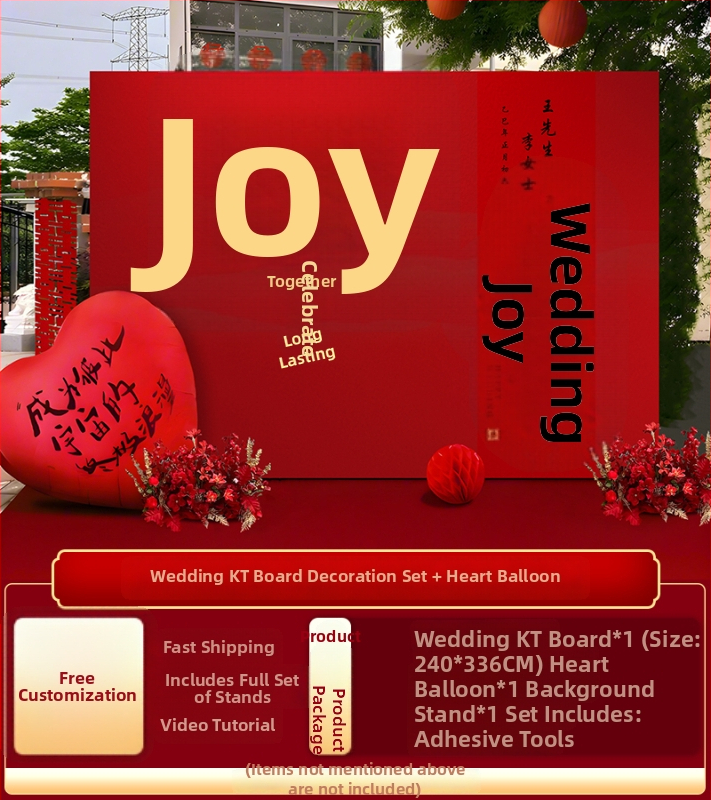 Vestuvių dekoras su KT plokštele, lauko scenai ir nuotraukų fonui, šilko gėlėmis, uodeginiais balionais ir krintančios žemės balionais