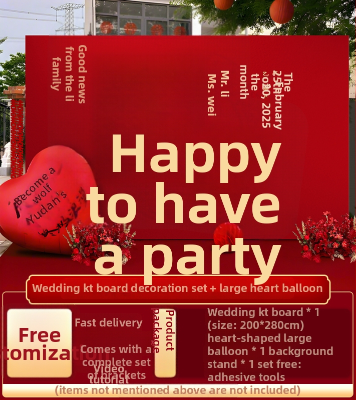 Vestuvių dekoras su KT plokštele, lauko scenai ir nuotraukų fonui, šilko gėlėmis, uodeginiais balionais ir krintančios žemės balionais