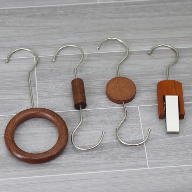 Xinyu Wood Art medinė drabužių pakaba su apvaliu žiedu, S kabliukas ir U klipas, ekspozicijos rekvizitas šalikams, dvigubo kablio stilius, apkrova iki 5 kg