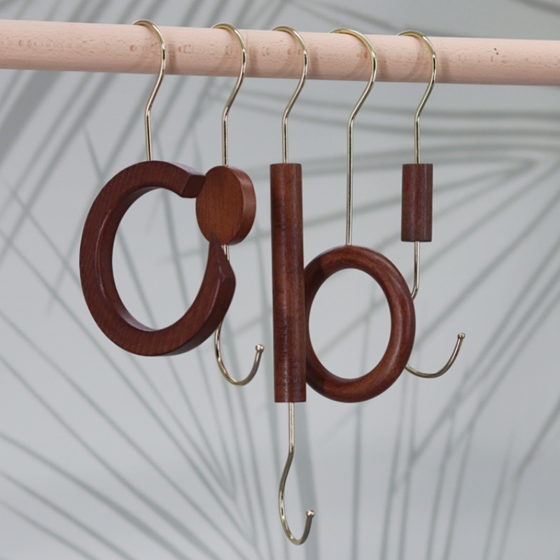 Xinyu Wood Art medinė drabužių pakaba su apvaliu žiedu, S kabliukas ir U klipas, ekspozicijos rekvizitas šalikams, dvigubo kablio stilius, apkrova iki 5 kg