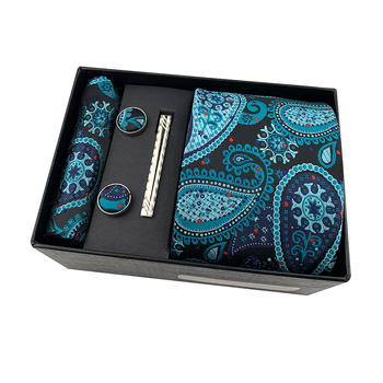 Комплект за вратовръзка с джобна кърпичка и клип за вратовръзка в подаръчна кутия — полиестерни нишки, флорална шарка, жакардова обработка, машинно шиене