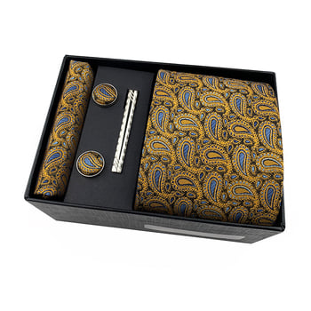 Комплект за вратовръзка с джобна кърпичка и клип за вратовръзка в подаръчна кутия — полиестерни нишки, флорална шарка, жакардова обработка, машинно шиене