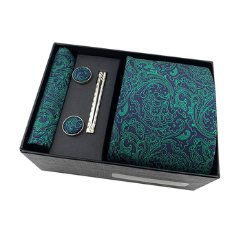 Комплект за вратовръзка с джобна кърпичка и клип за вратовръзка в подаръчна кутия — полиестерни нишки, флорална шарка, жакардова обработка, машинно шиене