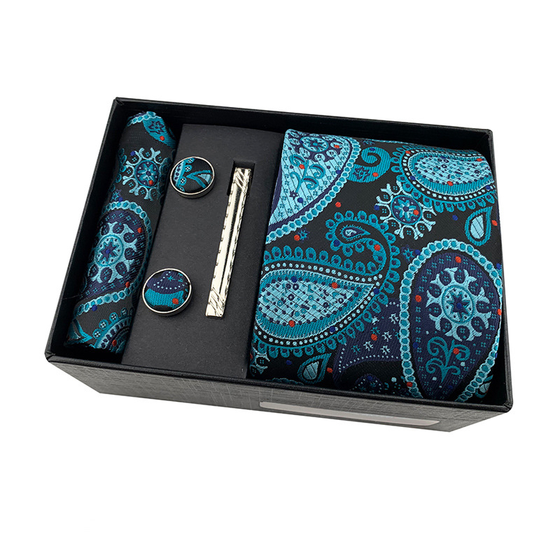 Комплект за вратовръзка с джобна кърпичка и клип за вратовръзка в подаръчна кутия — полиестерни нишки, флорална шарка, жакардова обработка, машинно шиене