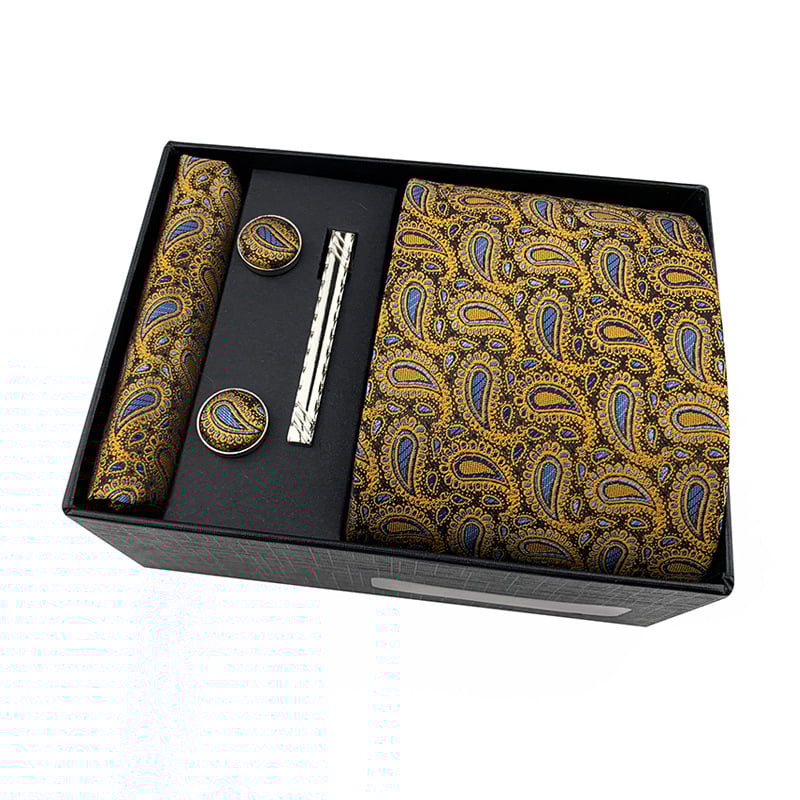 Комплект за вратовръзка с джобна кърпичка и клип за вратовръзка в подаръчна кутия — полиестерни нишки, флорална шарка, жакардова обработка, машинно шиене