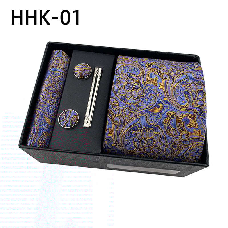 Комплект за вратовръзка с джобна кърпичка и клип за вратовръзка в подаръчна кутия — полиестерни нишки, флорална шарка, жакардова обработка, машинно шиене