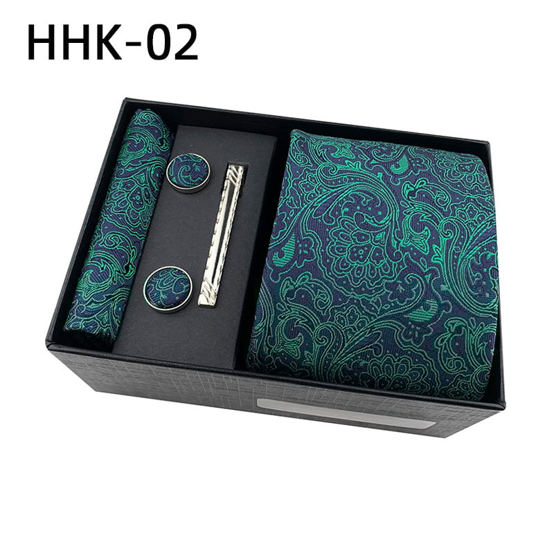 Комплект за вратовръзка с джобна кърпичка и клип за вратовръзка в подаръчна кутия — полиестерни нишки, флорална шарка, жакардова обработка, машинно шиене