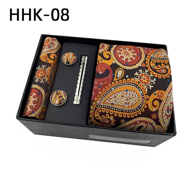 Комплект за вратовръзка с джобна кърпичка и клип за вратовръзка в подаръчна кутия — полиестерни нишки, флорална шарка, жакардова обработка, машинно шиене