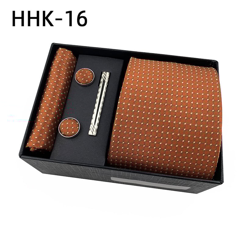 Комплект за вратовръзка с джобна кърпичка и клип за вратовръзка в подаръчна кутия — полиестерни нишки, флорална шарка, жакардова обработка, машинно шиене