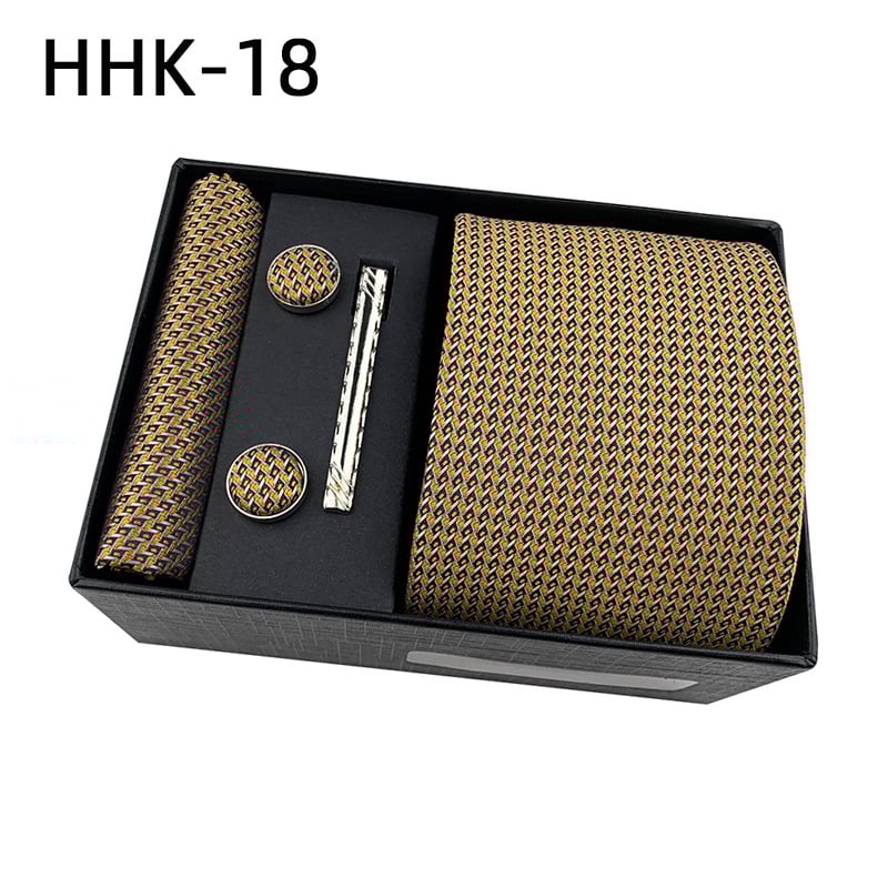 Комплект за вратовръзка с джобна кърпичка и клип за вратовръзка в подаръчна кутия — полиестерни нишки, флорална шарка, жакардова обработка, машинно шиене