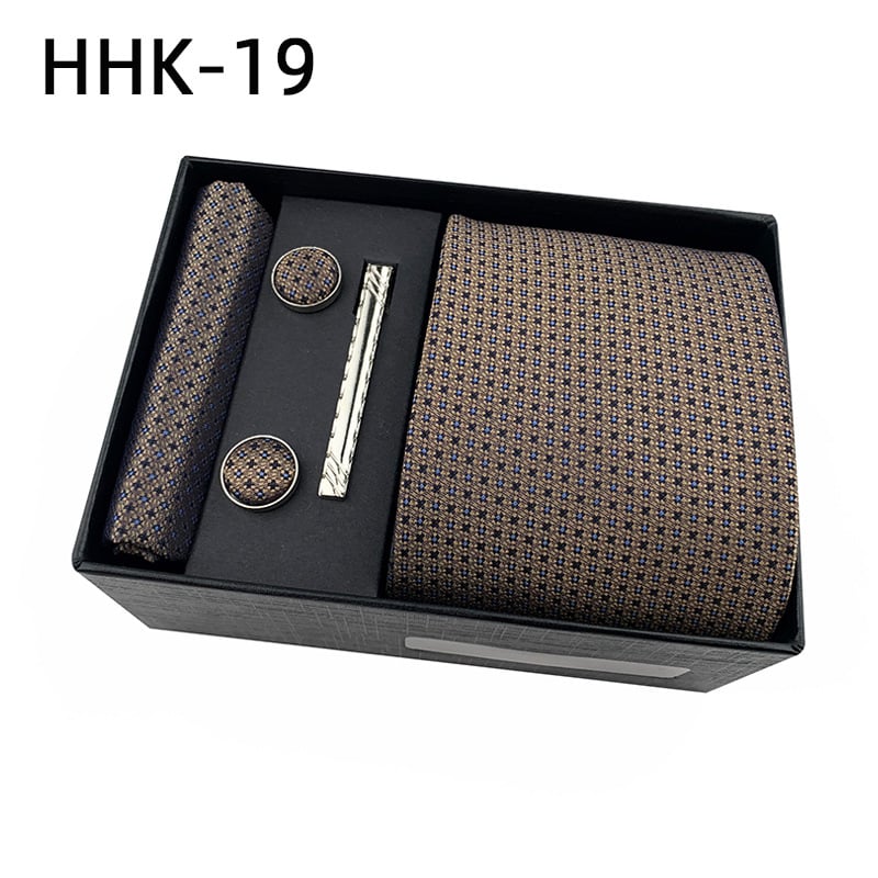 Комплект за вратовръзка с джобна кърпичка и клип за вратовръзка в подаръчна кутия — полиестерни нишки, флорална шарка, жакардова обработка, машинно шиене